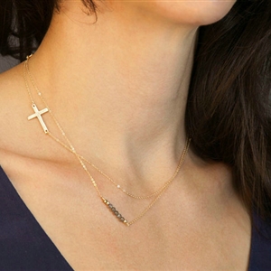 High quality Fashion Women Gold-plated Double layer Metal Cross Crystal Beads Necklace Clavicle Chain
