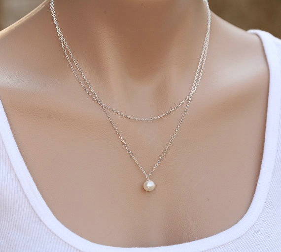 High quality Fashion Women Silver Double layer Metal Pearl Gold-plated Necklace Clavicle Chain