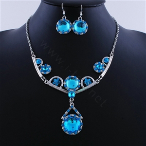 High quality Retro Wedding Bridal Alloy Circular Blue Rhinestone Pendant Necklace Earrings Set Bridesmaid