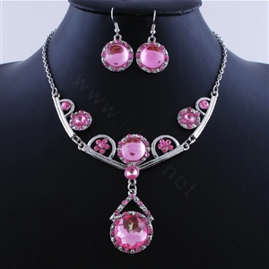 High quality Retro Wedding Bridal Alloy Circular Pink Rhinestone Pendant Necklace Earrings Set Bridesmaid