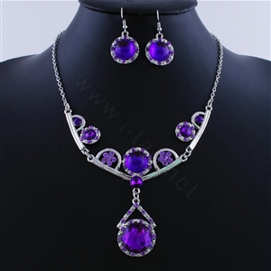High quality Retro Wedding Bridal Alloy Circular Purple Rhinestone Pendant Necklace Earrings Set Bridesmaid