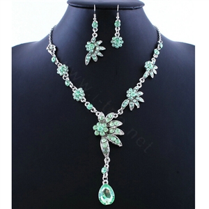 High quality Wedding Bridal Jewelry Alloy Water drops Flower Green Rhinestone Necklace Earrings Set