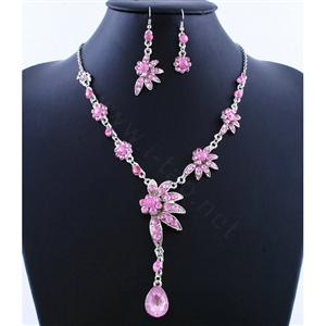 High quality Wedding Bridal Jewelry Alloy Water drops Flower Pink Rhinestone Necklace Earrings Set