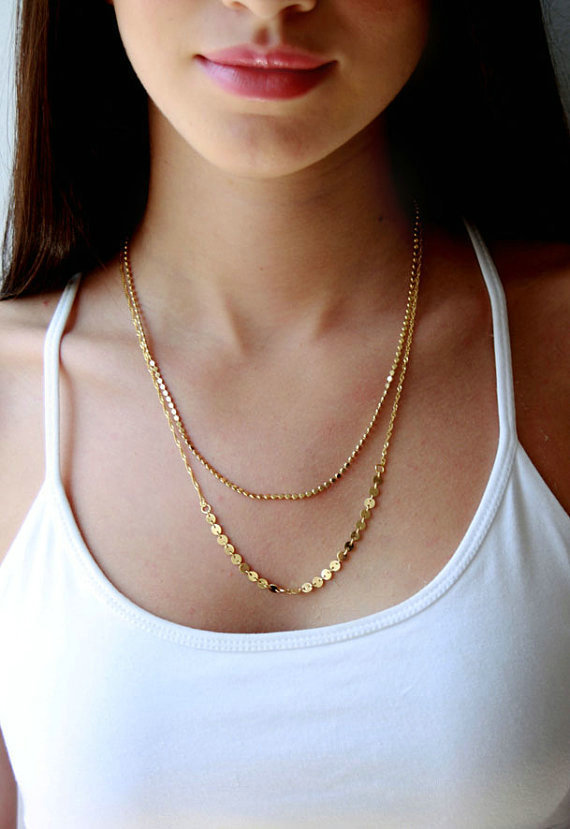 Hot High quality Fashion Women Double layer Metal Sequins Gold-plated Necklace Clavicle Chain