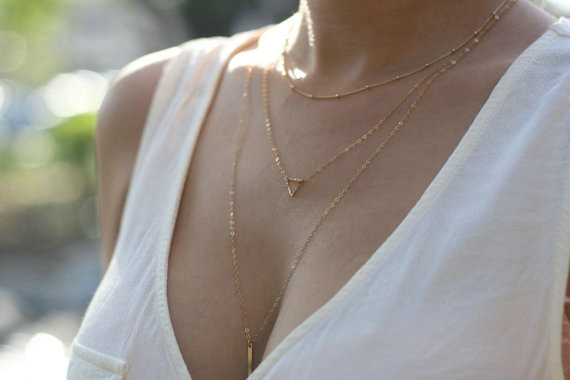 Hot Sell Fashion Three Layer Triangle Round Gold-plated Necklace Golden Clavicle Chain For Women