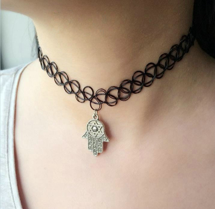 Hot sale Fashion Women Metal Hands of Fatima Elastic Tattoo Choker Necklace Clavicle Chain