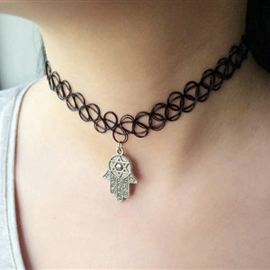 Hot sale Fashion Women Metal Hands of Fatima Elastic Tattoo Choker Necklace Clavicle Chain