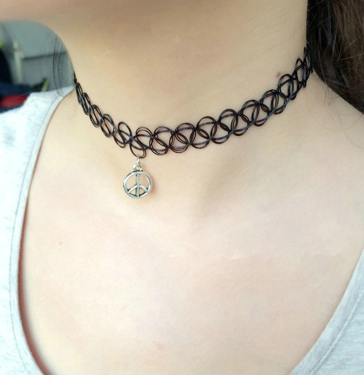 Hot sale Fashion Women Metal Peace Symbol Elastic Tattoo Choker Necklace Clavicle Chain