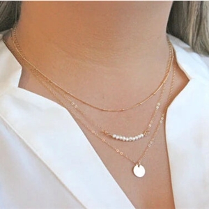 Hot sale Fashion Women Multi layer Bead Pearl Metal Sequins Gold-plated Necklace Clavicle Chain