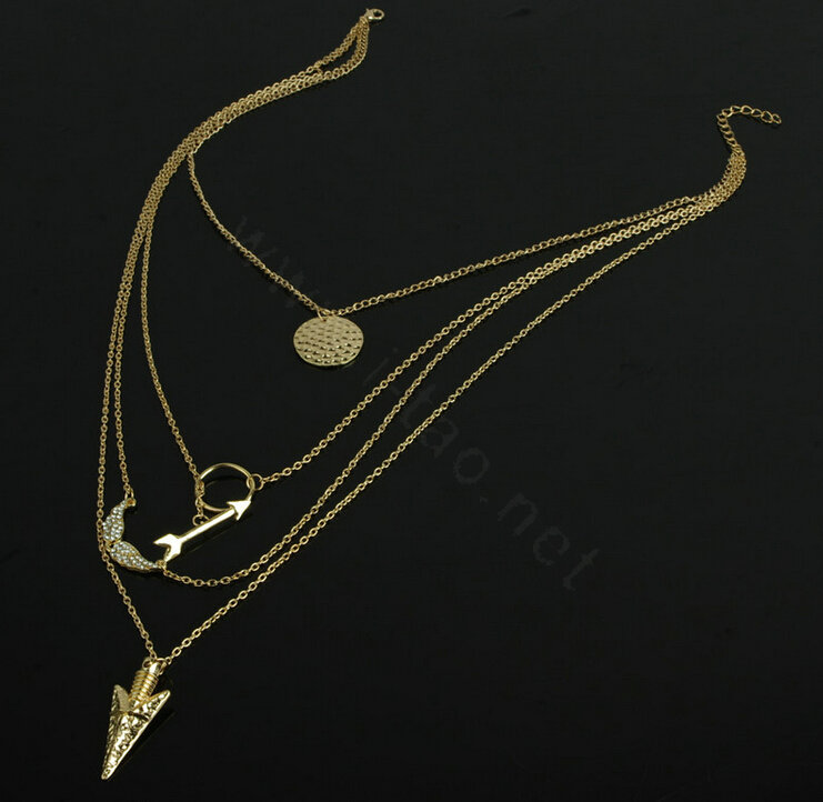 Hot sale Woman Gold Plated Diamond Angel wings Alloy Arrow Pendant Multilayer Clavicle Chain Necklace