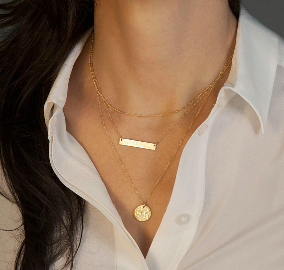 Hot sale Woman Simple Gold Plated Geometry Metal Sequins Three Layers Clavicle Chain Necklace
