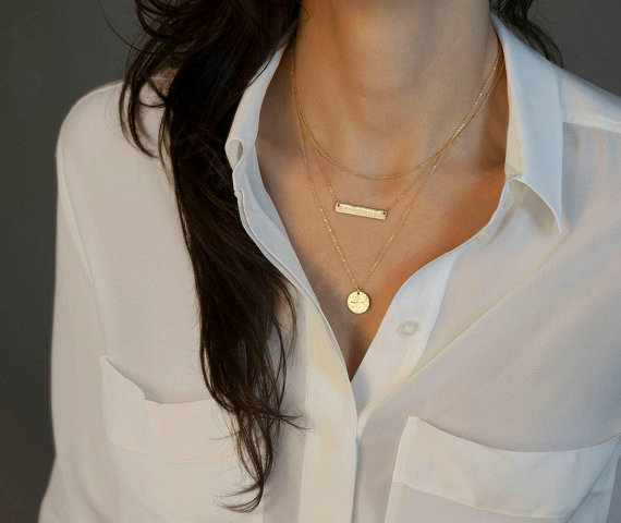 Hot sale Woman Simple Gold Plated Geometry Metal Sequins Three Layers Clavicle Chain Necklace
