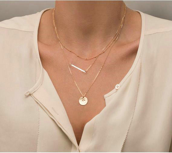 Hot sale Woman Simple Gold Plated Geometry Metal Sequins Three Layers Clavicle Chain Necklace