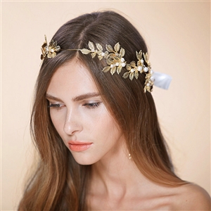 Luxury Retro Bridal Wedding Rhinestone Alloy Pearl Olive leaf Crystal Bride Headband Gold Plated