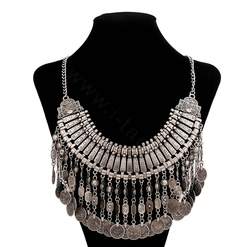 Luxury Retro Exaggeration Women Silver Plated Carved Metal Multi layer Tassel Coin Necklace Clavicle Chain