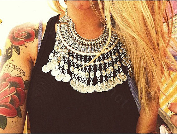 Luxury Retro Exaggeration Women Silver Plated Carved Metal Multi layer Tassel Coin Necklace Clavicle Chain