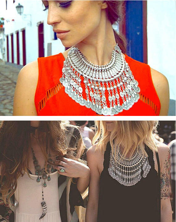 Luxury Retro Exaggeration Women Silver Plated Carved Metal Multi layer Tassel Coin Necklace Clavicle Chain