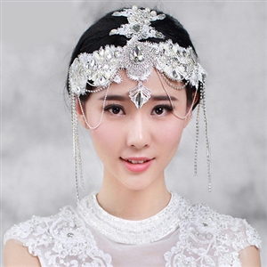 Luxury Wedding Headdress Crystal Rhinestone Lace Flower Tassel Bridal Headband Hair Accessories