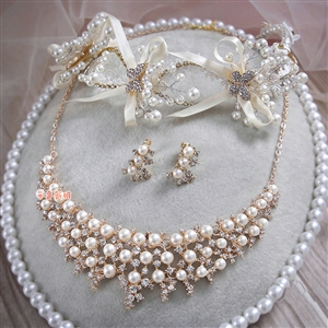 Luxury Wedding Jewelry Sets By hand Lace Pearl Crystal Flower Headband & Earrings & Bridal Necklace