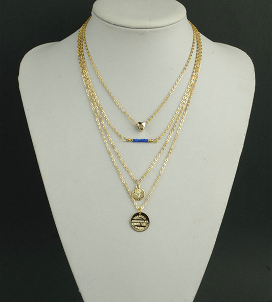 New Fashion Women Multi layer Gold-plated Peach Heart Metal Sequins Blue Crystal Necklace Clavicle Chain