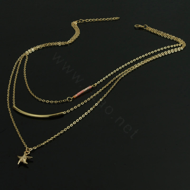 New Fashion Women Multi layer Gold-plated Pink Beads Starfish Metal Elbow Necklace Clavicle Chain