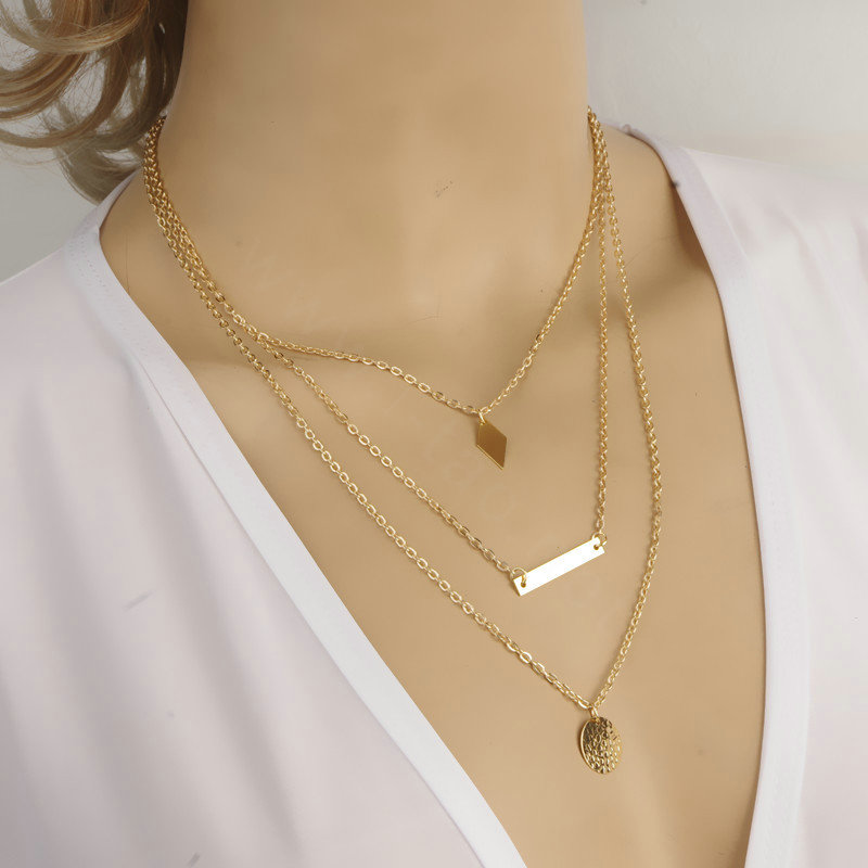 New Fashion Women Multi layer Gold-plated Rhombus Sheet Metal Sequins Necklace Clavicle Chain