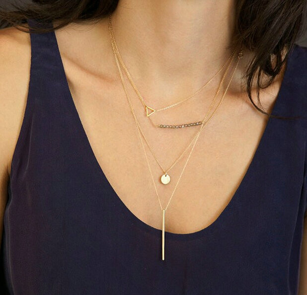 New Fashion Women Multi layer Gold-plated Triangle Metal Bar Sequins Crystal Bead Necklace Clavicle Chain