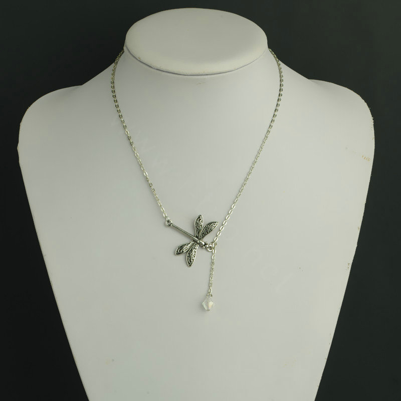 New Fashion Women Silver Gold-plated Metal Dragonfly Crystal Tassel Short Necklace Clavicle Chain