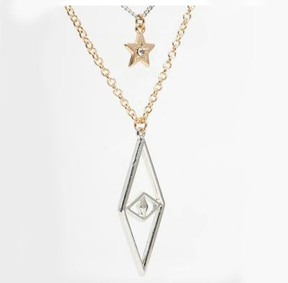 New Retro Women Gold-plated Long Multi layer Metal Diamond Star Rhombus Necklace Clavicle Chain
