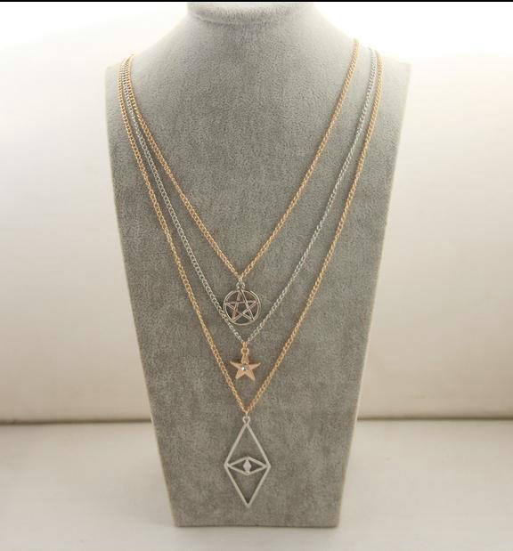 New Retro Women Gold-plated Long Multi layer Metal Diamond Star Rhombus Necklace Clavicle Chain