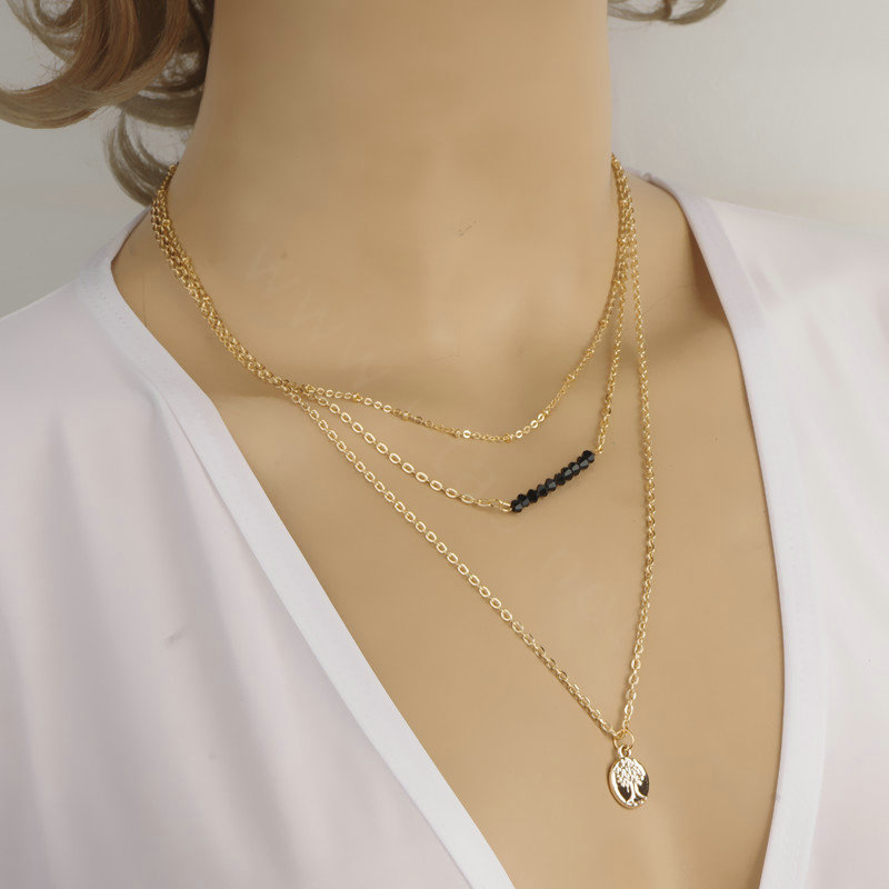 New Retro Women Gold-plated Multi layer Black Crystal Beads Metal Sequins Necklace Clavicle Chain