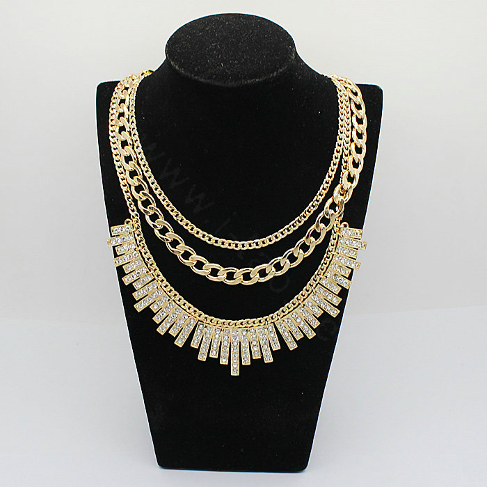 New Women Gold-plated Exaggeration Unique Crystal Diamond Multi layer Metal Bib Necklace Clavicle Chain