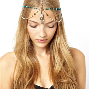 Retro Bohemia Woman Pearl Beads Crystal Pendant Alloy Multilayer Tassel Chain Headband Hair Accessories