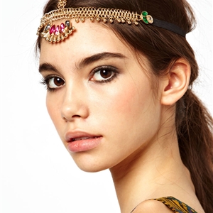 Retro Bohemia Woman Rhinestones Tassel Copper Beads Alloy Chain Elastic Hair Band Accessories