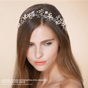 Retro Bridal Wedding Rhinestone Gold Alloy Pearl Flower leaf Crystal Bride Headband Hair Hoop Accessories