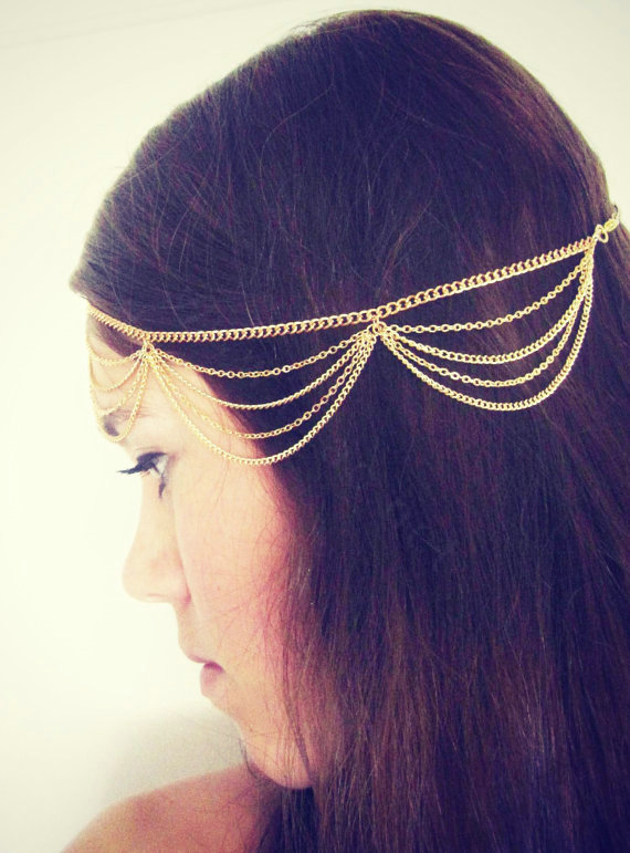 Retro Classic Woman Gold Plated Alloy Multilayer Waves Tassel Chain Headband Hair Band Accessories