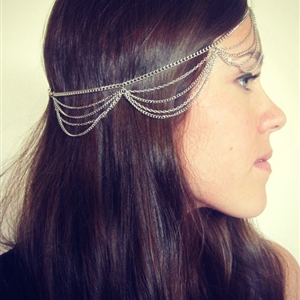 Retro Classic Woman Silver Gold Plated Alloy Multilayer Waves Tassel Chain Headband Hair Band Accessories