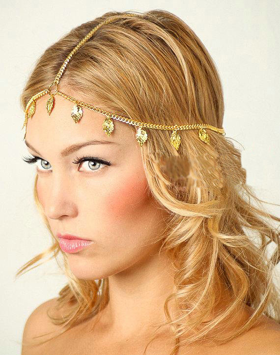 Retro Fashion Woman Alloy Bling Gold Plated leaves Tassel Chain Headband Punk Hair Accessories