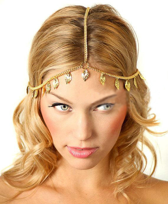 Retro Fashion Woman Alloy Bling Gold Plated leaves Tassel Chain Headband Punk Hair Accessories