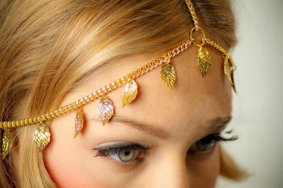 Retro Fashion Woman Alloy Bling Gold Plated leaves Tassel Chain Headband Punk Hair Accessories