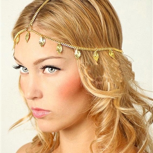 Retro Fashion Woman Alloy Bling Gold Plated leaves Tassel Chain Headband Punk Hair Accessories