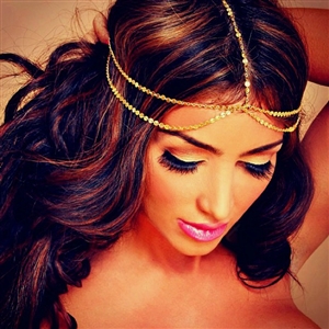 Retro Fashion Woman Alloy Bling Sequins Double layer Tassel Chain Headband Hair Accessories
