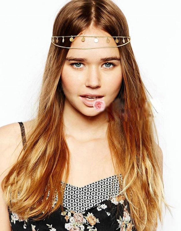 Retro Fashion Woman Alloy Bling Sequins Gold Plated Tassel Chain Headband Punk Hair Accessories
