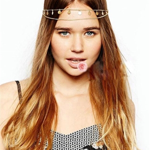 Retro Fashion Woman Alloy Bling Sequins Gold Plated Tassel Chain Headband Punk Hair Accessories