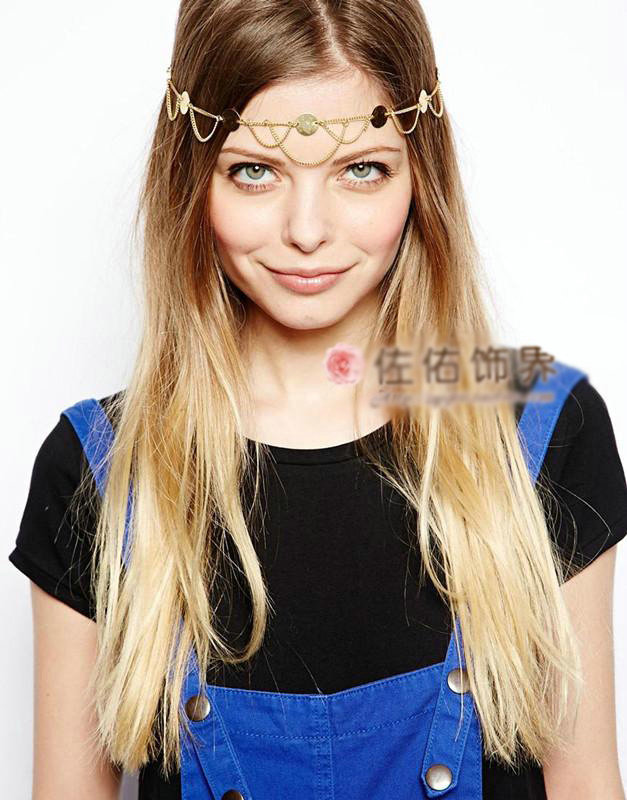 Retro Fashion Woman Alloy Bling Sequins Waves Tassel Chain Headband Punk Hair Accessories