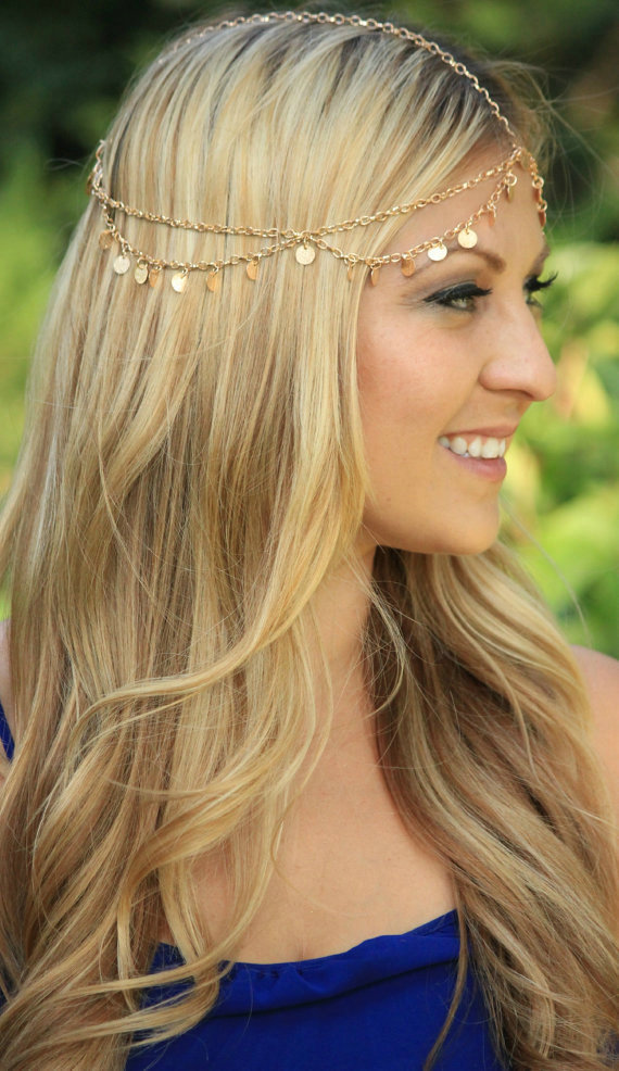 Retro Fashion Woman Alloy Bling Tassel Sequins Double layer Chain Headband Hair Accessories