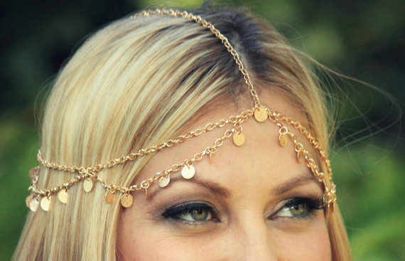 Retro Fashion Woman Alloy Bling Tassel Sequins Double layer Chain Headband Hair Accessories
