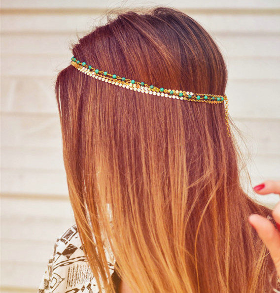 Retro Fashion Woman Bohemia Alloy Sequins Beads Turquoise Multilayer Chain Headband Hair Accessories