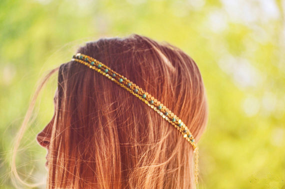 Retro Fashion Woman Bohemia Alloy Sequins Beads Turquoise Multilayer Chain Headband Hair Accessories