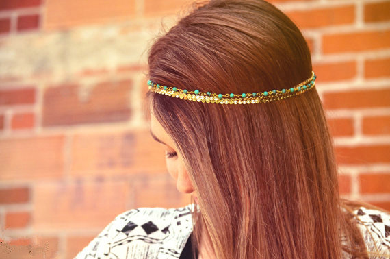Retro Fashion Woman Bohemia Alloy Sequins Beads Turquoise Multilayer Chain Headband Hair Accessories